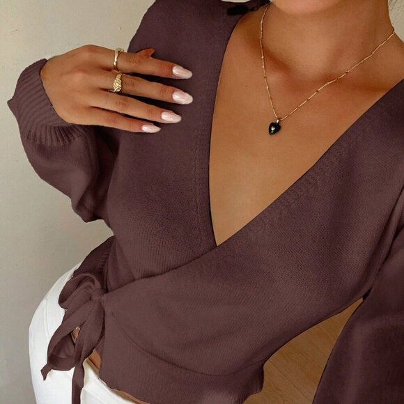 Chocolate Brown Casual Women's Wrap Tie Front Cardigan - Picture 2 of 7